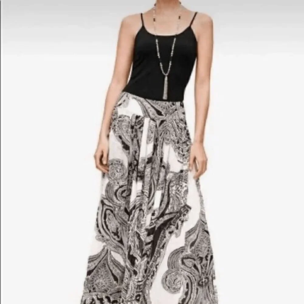 🖤🤍 WHITE HOUSE BLACK MARKET Paisley Black White Pleated Maxi Skirt SIZE S